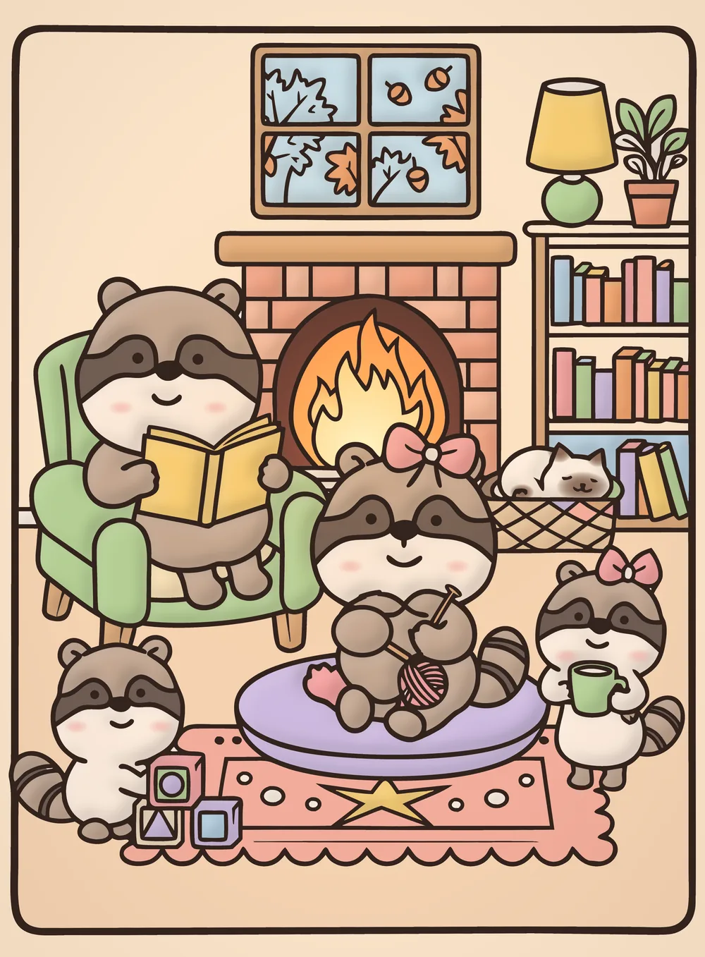 The raccoon family of Rascal Woods by the fireplace